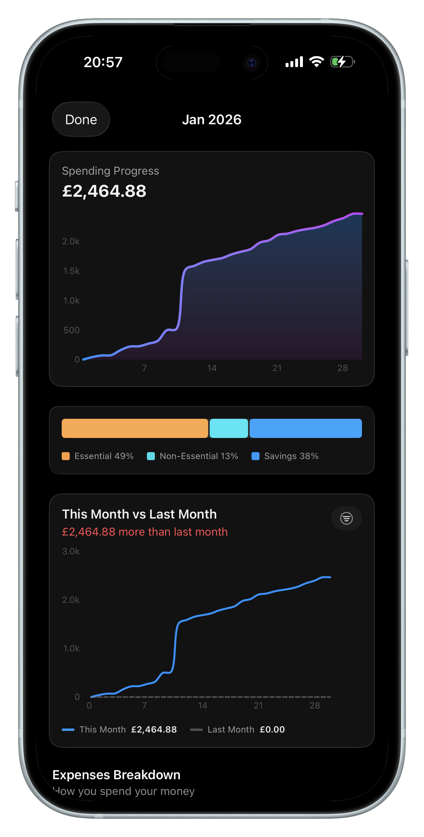 Budget planner spending insights and charts