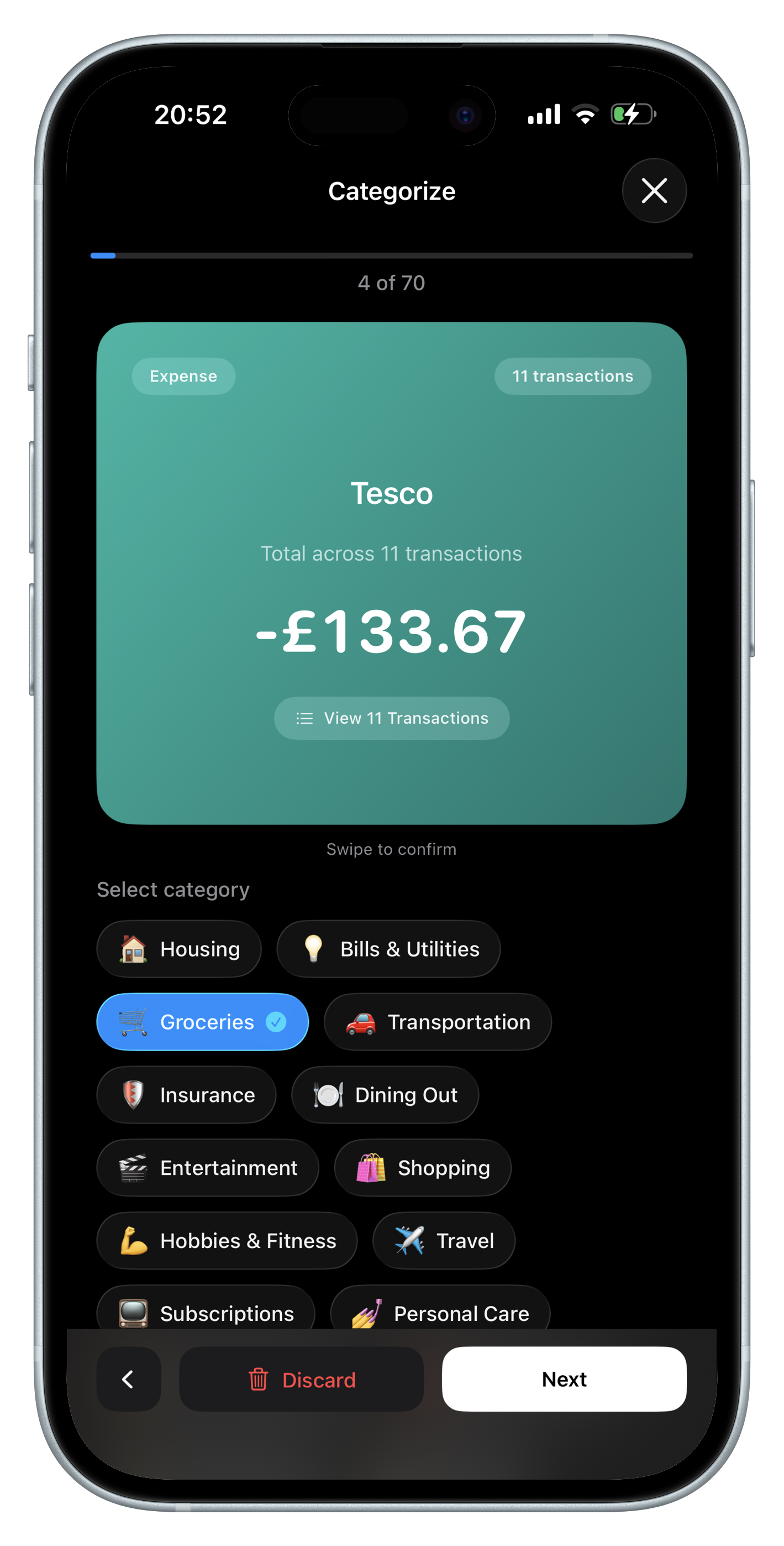 Swipe to categorise transactions in budget planner
