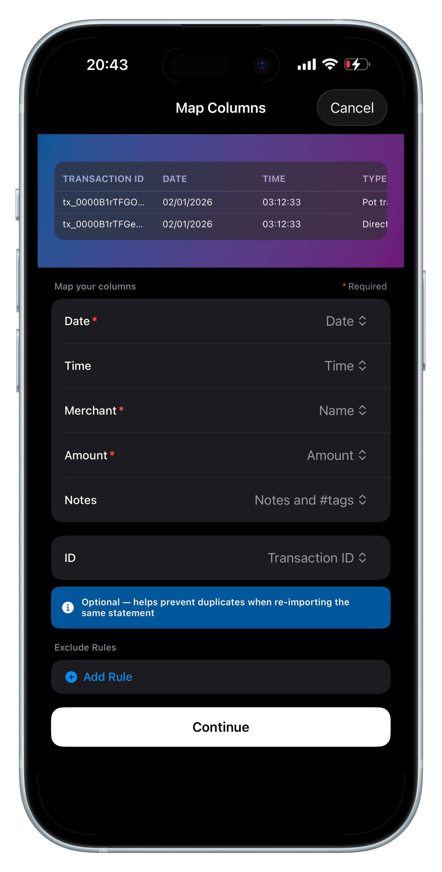 Upload CSV bank statement to budget planner