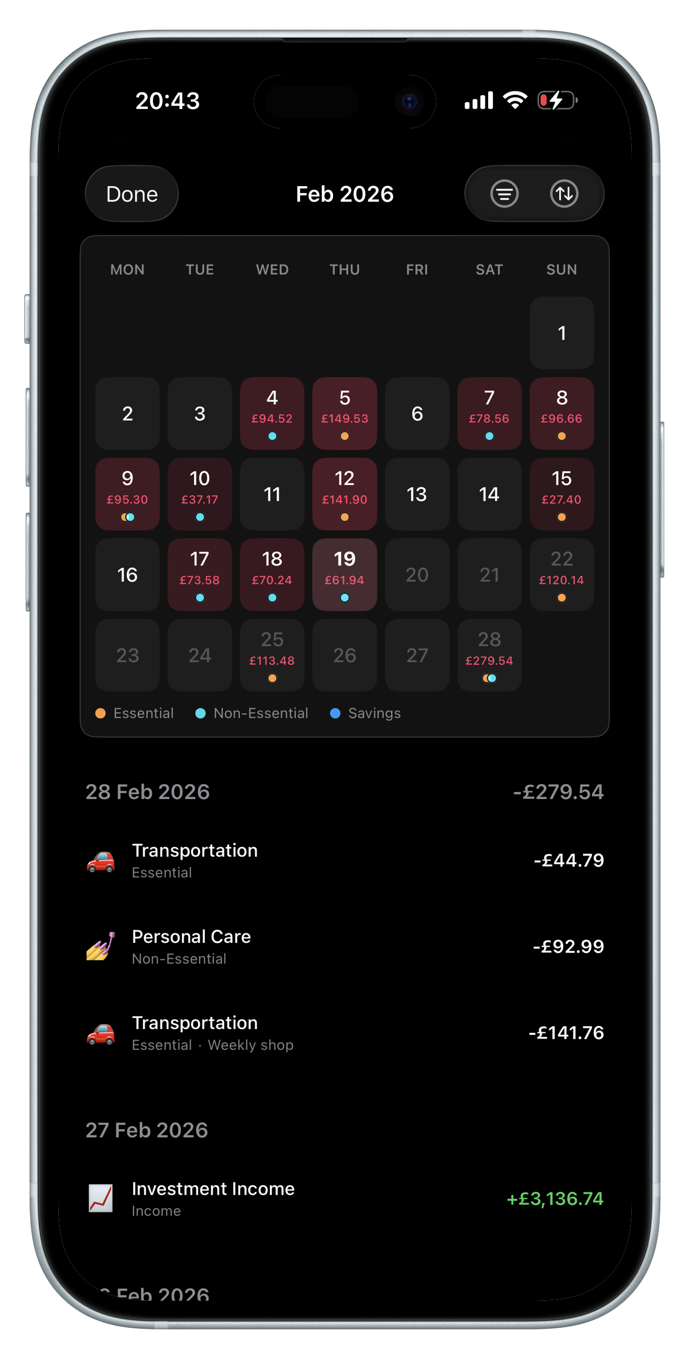 Budget planner transaction history